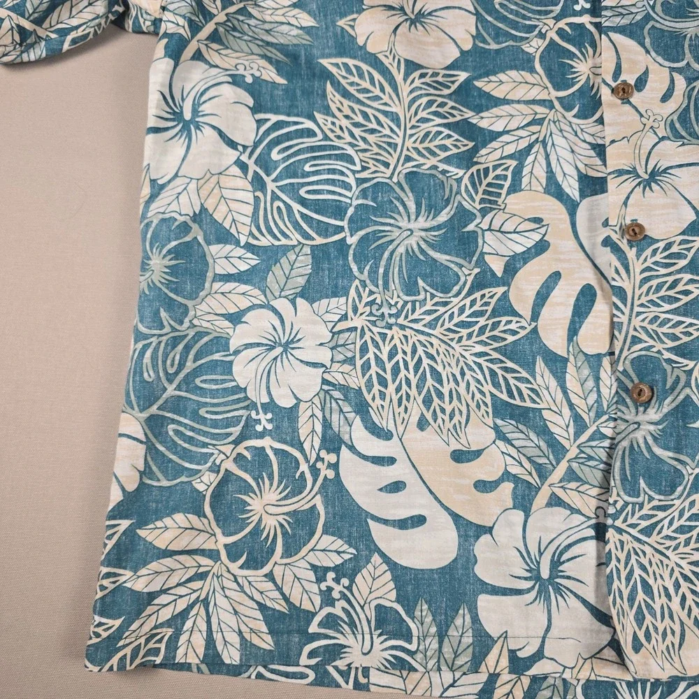VTG KY's Hawaiian Shirt Mens 2XL Teal Hibiscus Floral Cotton Camp Made in USA